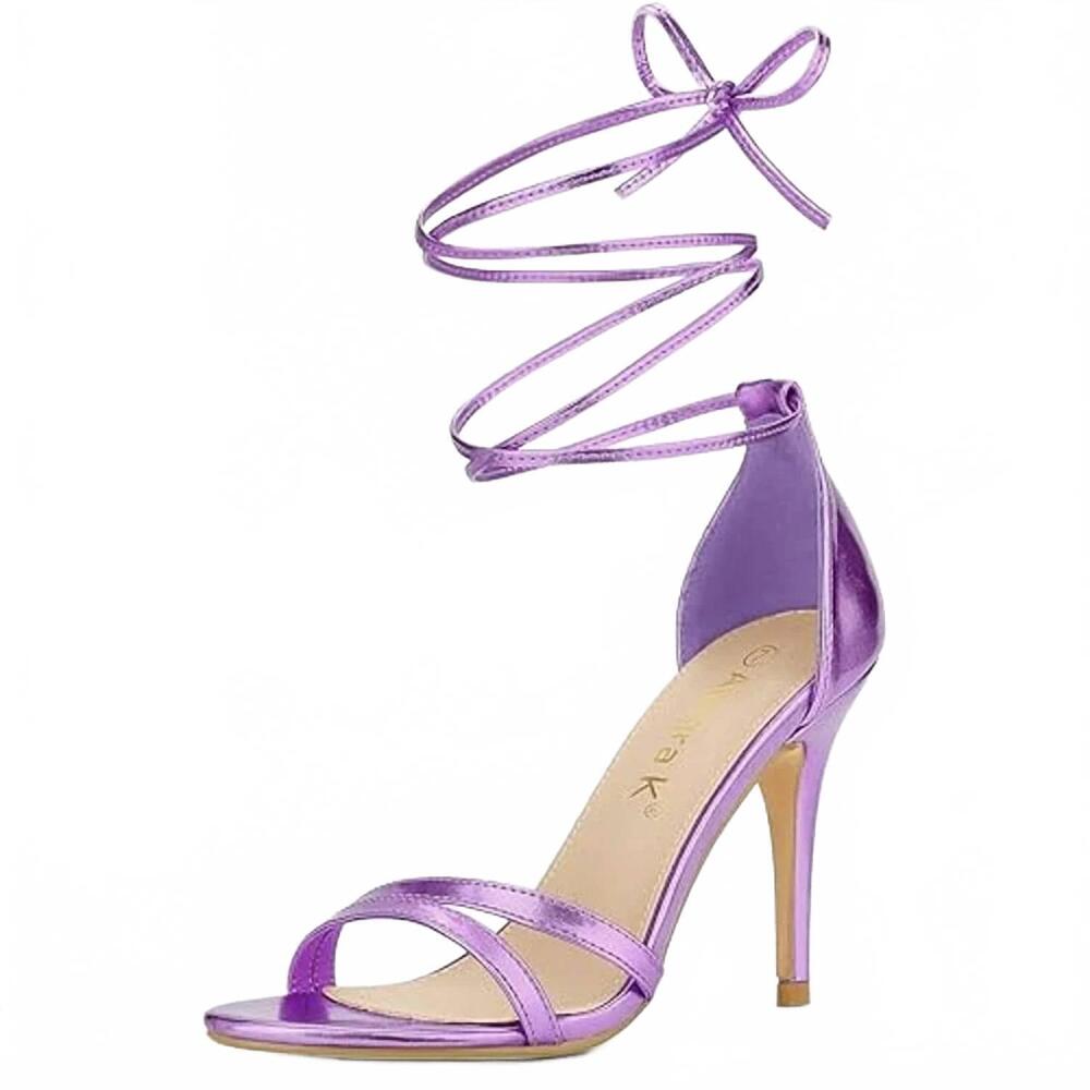 NEW ALLEGRA K women's open toe lace up stiletto heels sandals in purple